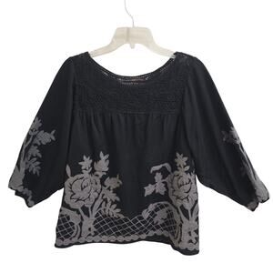 Hazel Haze Floral Lace Flowy Blouse Black Gray Embroidery Lace Anthropologie M